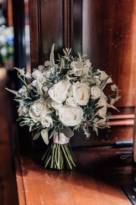 Snowy Wedding Bouquet, Wedding Flowers Winter Bouquets, White Rose Thistle Bouquet, Winter Wedding Bouquet Uk, December Bouquet Wedding, Dusky Blue Wedding Flowers, Winter Wonderland Wedding Flowers, Thistle Bridal Bouquet, Wedding Flowers February