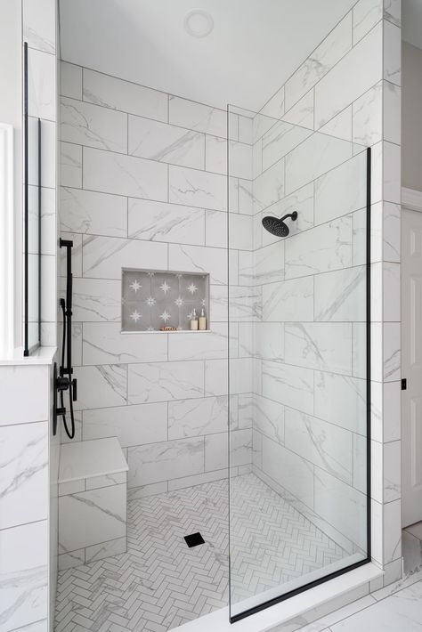 Master Shower Ideas Black Hardware, Shower Tile White And Grey, Larger Tile Showers, Master Shower Black Hardware, White Showers Walk In, Master Walkin Shower Ideas, Spare Bathroom Shower Ideas, No Glass Shower Ideas Farmhouse, Matte Marble Tile Bathroom