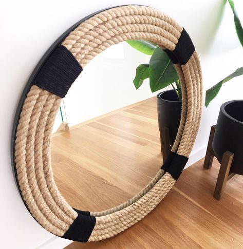 Round Mirror With Rope, Wood Workshop, Mirror Home Decor, Seashell Mirror, Rope Mirror, Shell Mirror, Mirror Decoration, Rope Crafts Diy, Hanging Wall Mirror