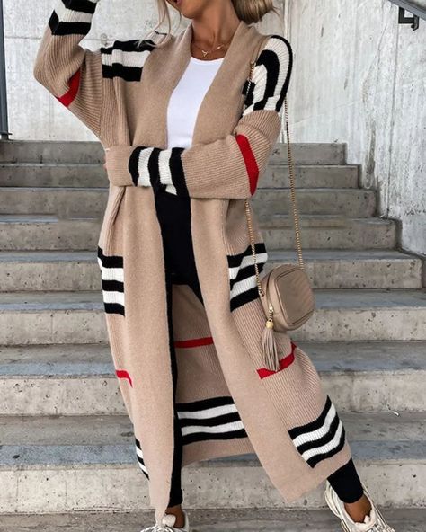 Striped Long Sleeve Open Front Longline Cardigan Casual Long Chunky Knit Outerwear, Chic Long Knitted Cardigan, Oversized Long Knit Cardigan, Luxury Long Knit Cardigan, Casual Long Patchwork Cardigan, Long Outerwear, Long Knit Sweater, Cardigan Long, Loose Cardigan