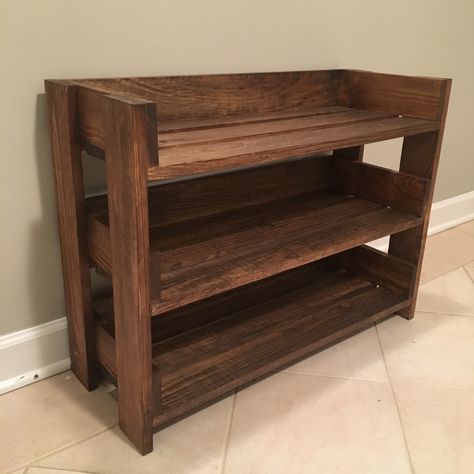 Simple diy shoe rack made from 1x4's and stained with minwax provincial Cedar Shoe Rack, Country Shoe Rack, Woodwork Shoe Rack, Diy Western Shoe Rack, Diy Wood Shoe Rack Closet, Diy Wood Shoe Rack Entryway, Diy Wood Shoe Storage, Diy Rustic Shoe Rack, Shoe Rack From Pallets Diy Ideas