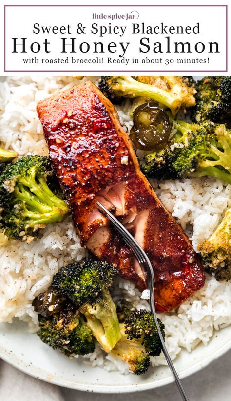 Blackened Salmon In Oven, Blackened Salmon Baked In Oven, Salmon With Broccoli Recipes, Blackened Seasoning Recipe Salmon, Oven Blackened Salmon, Hot Honey Salmon, Honey Salmon Recipes, Easy Salmon Dinner, Recipe With Broccoli