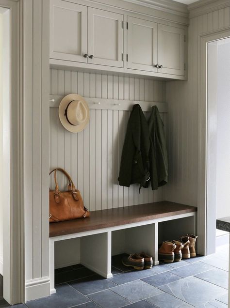 Galley Mudroom, Beadboard Mudroom, Entry Closet Ideas, Oak Bench Seat, Boot Bench, Shoe Cubbies, Small Mudroom Ideas, Utility Room Designs, Mudroom Remodel