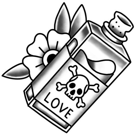 Not so Lovely Love Potion#tattoo #tattoaftercare #tattoocare American Traditional Poison Bottle, Love Potion Tattoo Traditional, Love Is Poison Drawing, Love Potion Tattoo Bottle, Love Poison Tattoo, Poison Bottle Tattoo Design, Danger Tattoo, Tattoo Design Drawings Unique, Love Potion Tattoo