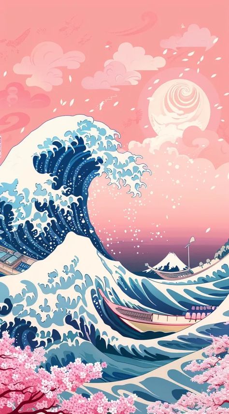 The image is a Japanese-style painting of a tsunami. The wave is depicted as a large, blue and white wall of water, with a crest that is capped with foam ->> more details in ai-img-gen.com Japanese Waves Painting, Blue Wallpaper Japanese, Japanese Print Art, Japan Cute Wallpaper, Water Art Aesthetic, The Great Wave Wallpaper, Tsunami Painting, Blue Japanese Aesthetic, Blue Japanese Wallpaper