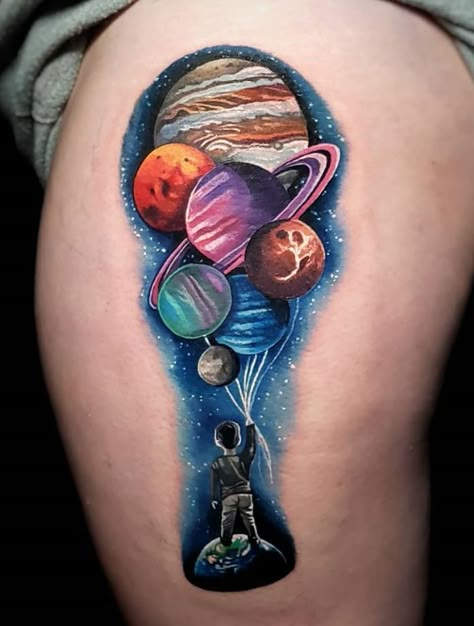 Balloon Planets Tattoo - Get an InkGet an Ink Planet Balloon Tattoo, Astronaut With Balloons Tattoo, Galaxy Planets Tattoo, Color Planet Tattoo, Astronaut Holding Planet Balloons Tattoo, Planets Tattoo Ideas, Planet Balloons Tattoo, Colorful Space Tattoo, Planets Tattoos