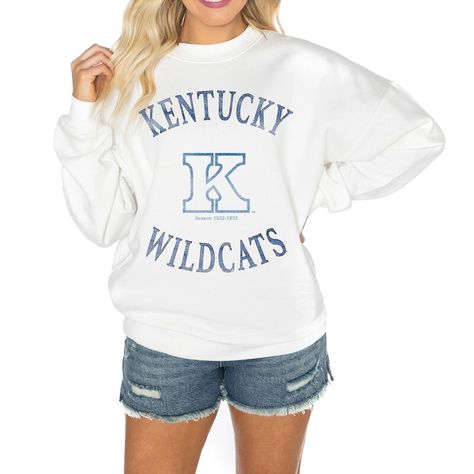 The Women's Gameday Couture White Kentucky Wildcats Good Vibes Premium Fleece Drop Shoulder Pullover Sweatshirt is the perfect way to show your support for the Kentucky Wildcats. Made from a soft and comfortable cotton and polyester blend, this sweatshirt features distressed screen print graphics that give it a vintage look. The midweight top is suitable for moderate temperatures, making it perfect for game days or any day you want to show your Wildcats pride. The pullover design makes it easy t Gameday Couture, Kentucky Wildcats, Pullover Designs, Crimson Tide, Alabama Crimson Tide, Crew Sweatshirts, Shoulder Design, White Hoodie, Knit Collar