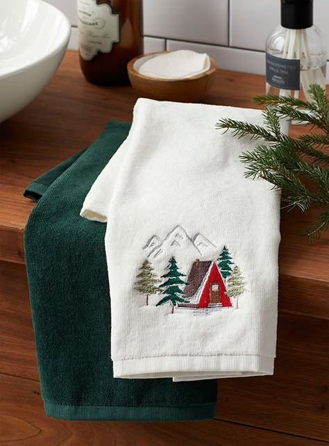 Snowy village hand towels Set of 2 | Simons Maison | Jacquards & Embroidery | Bath Towels | Simons Christmas Bath Towels, Towel Embroidery Designs, Snowy Village, Winter Embroidery, Patterned Bath Towels, Towel Embroidery, Festive Holiday Decor, Soap Favors, Christmas Towels