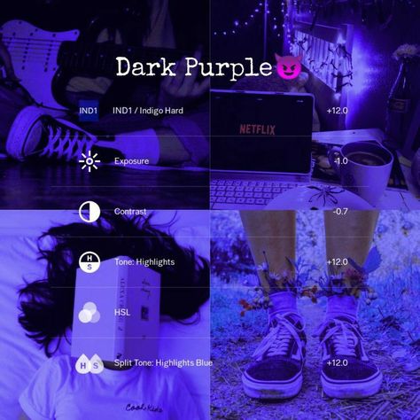 Lightroom Purple Filter, Vsco Purple Filter, Purple Filter Instagram, Dark Purple Theme Aesthetic, Dark Vsco Filter, Vsco Dark Filter, Vsco Filter Ideas, Vsco Filter Blue, Vsco Filter Aesthetic