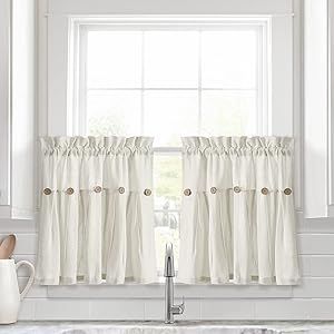 Lush Decor Linen Button Farmhouse Kitchen Tier Curtain Set, Pair, 29" W x 24" L, Off- White Dark Panels, Charming Kitchen, Farmhouse Windows, Tier Curtains, Kitchen Window Treatments, Lush Decor, Bathroom Windows, Cafe Curtains, Rod Pocket Curtain Panels