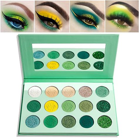 Green Yellow Makeup, Green Eyeshadow Palette, Eye Shadow Pallete, Shadow Pallete, Daily Eye Makeup, Eyeshadow Styles, Yellow Makeup, Cute Eyeshadow Looks, Eyeshadow For Blue Eyes