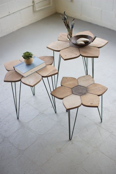 Flower Side Tables With Wooden Tops - Set of 3 Meja Industrial, End Table Sets, Wooden Flowers, Into The Woods, Side Table Wood, Wooden Tops, Metal Furniture, Hollywood Glamour, Furniture Projects