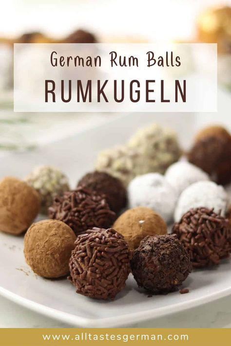 German rum balls are delicious, boozy little chocolate truffles that everybody just adores. They make a wonderful Christmas treat and are also the perfect hostess gift and stocking stuffer. Christmas Booze Balls, German Rum Balls Recipe, Rum Chocolate Truffles, German Rum Balls, Cookies With Liquor In Them, Boozy Balls Holidays, Truffles With Alcohol, Rum Ball Recipe, Rum Truffles Recipe