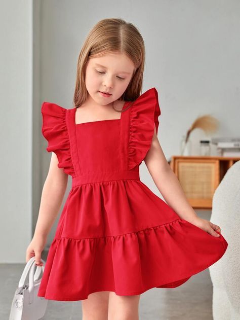 SHEIN Kids CHARMNG Toddler Girls Bow Back Ruffle Trim Dress | SHEIN USA Red Dresses For Kids, Shein Coupons, Red Clothes, Sleeved Velvet Dress, Shein Kids, Tulle Party Dress, Chinese Style Dress, Frock Fashion, Girls Dresses Online