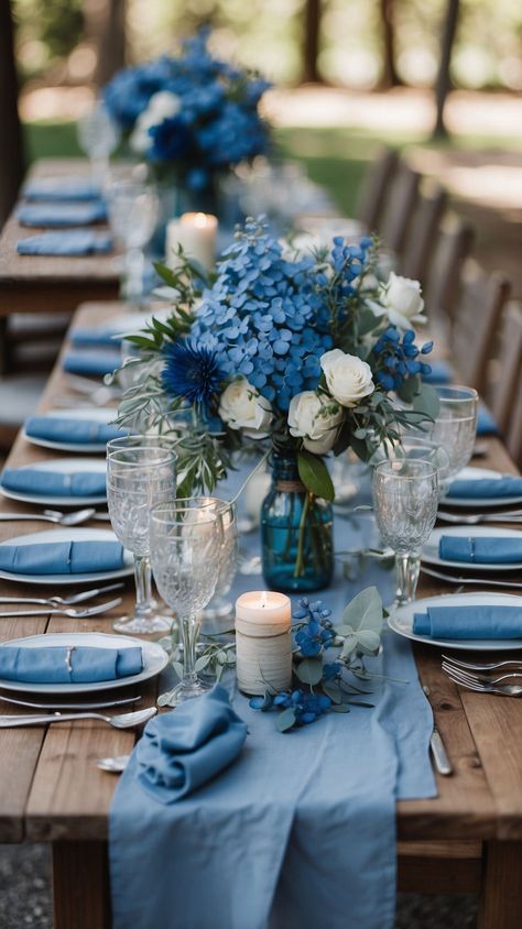 Beautiful Blue Wedding Ideas for Your Big Day Ocean Blue Wedding Decor, Indian Wedding Blue Decor, Blue And White Wedding Theme Receptions, Navy Blue Sky Blue Wedding, Blue Cottagecore Wedding, Rustic Blue And White Wedding, Blue Glasses Wedding, White And Blue Theme Wedding, Jewel Tone Blue Wedding