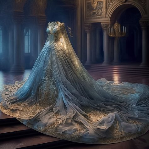 Fantasy Coronation Gown, Fantasy Gowns Queens Fairytale, Fantasy Gowns Queens, Fantasy Queen Dress, Fantasy Dress Queens, Fantasy Gowns Warriors, Mystical Dresses, Blue Fantasy Dress, Fantasy Ballgown