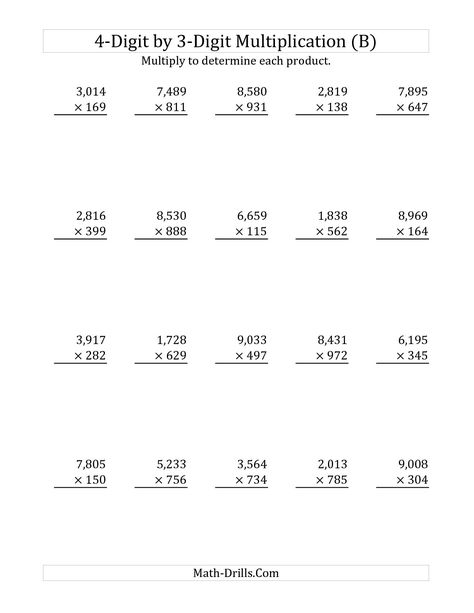 The 4-Digit by 3-Digit Multiplication (B) Long Multiplication Worksheet Long Multiplication Worksheets, Multiplication Practice Sheets, Long Multiplication, Multiplication Facts Worksheets, Math Multiplication Worksheets, Multiplication Worksheet, Math Fact Worksheets, Integers Worksheet, Multiplication Word Problems