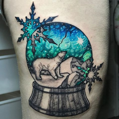 Polar Bear Snow Globe Snow Globe Tattoo, Northern Lights Tattoo, Globe Tattoo, Polar Bear Tattoo, Winter Tattoo, Snow Tattoo, Globe Tattoos, Dragonfly Tattoo Design, Christmas Tattoo