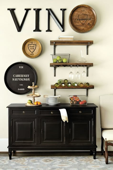 Love this vignette! Smaller version on the bar?  Ballard Designs wine storage shelf Bar In Casa, Deco Champetre, Wine Kitchen, Bar Shelf, Wine Decor, Bar Room, Kitchen Design Decor, Cool Ideas, Wine Room