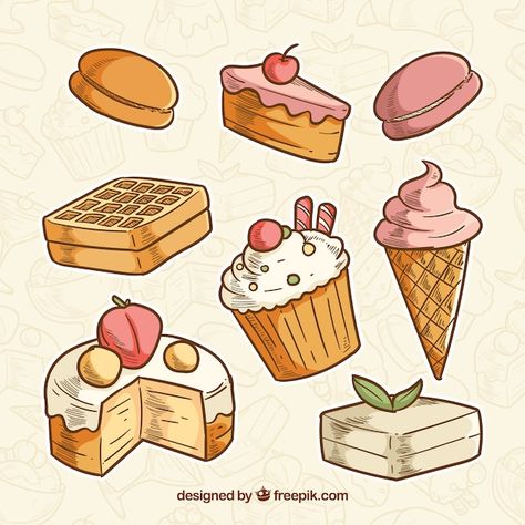 Sweet desserts collection in hand drawn ... | Free Vector #Freepik #freevector #ice-cream #chocolate-ice-cream #sweet-food #sweet-bakery Desert Drawing, Desserts Drawing, Cake Drawing, Illustration Food, Mind Body And Soul, Food Drawing, Cute Easy Drawings, Sweet Desserts, Food Illustrations