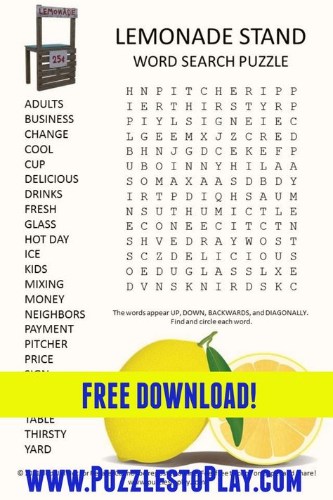 The lemonade stand word search puzzle is a look at the side hustle and business of selling lemons and lemonade. This word game is in a free download puzzle form. Printable and ready to play Lemon Games, Lemon Game, Spring Luncheon, Free Word Search Puzzles, Word Search Puzzles Printables, Free Printable Word Searches, Free Word Search, Economics Lessons, Moms' Night Out