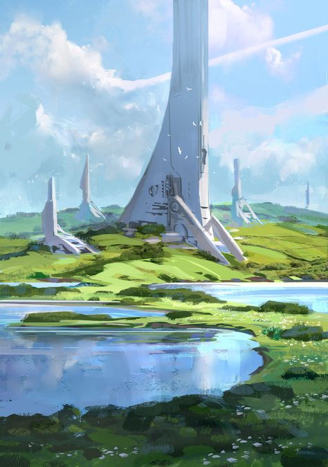 Megastructures Concept Art, Sci Fi Concept Art Landscape, Sci Fi Tower, Future Environment, Futuristic Landscape, Science Fiction Design, Sci Fi Landscape, Sci Fi City, Sci Fi Environment