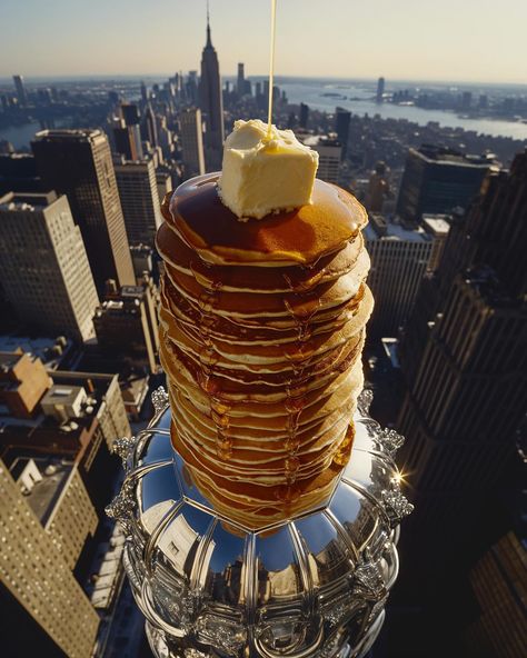 In New York, there are famous pancake houses called “Silver Stacks,” known for their gigantic stacks of pancakes. The restaurants’ shiny silver interiors and exteriors make them stand out, and people often spot them from afar. Not only do they have silver delivery cars bringing pancakes straight to people’s doors, they also have pancake trams where you can enjoy your stacks right on board. The delicious aroma of their pancakes and the sight of the iconic silver restaurants never fail to excit... Pancake House, Pancake Stack, Food Displays, Shiny Silver, Artist Art, On Board, Interior And Exterior, House Exterior, Pancakes