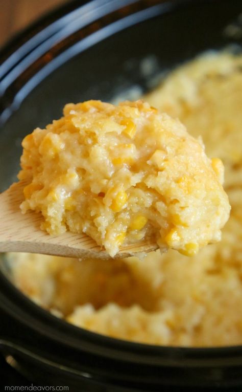 Easy Crock Pot Corn Casserole - Mom Endeavors Crock Pot Corn Casserole, Slow Cooker Corn Casserole, Corn Casserole Crockpot, Crock Pot Corn, Corn Casserole Recipe, Sweet Potato Recipes Casserole, Potatoe Casserole Recipes, Corn Casserole, Chicken Tender Recipes