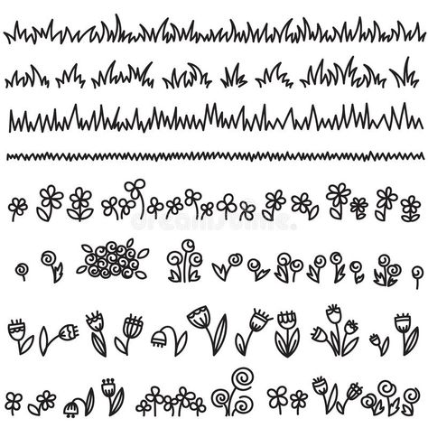 Hand drawing set of doodle borders. Grass, clover, tulips, daisies, roses. Pen tool, vector file. Hand drawing set of doodle borders. Grass, clover, tulips vector illustration Van Doodle, Grass Drawing, Very Easy Drawing, Squirrel Illustration, Tulip Drawing, Vegetable Painting, Bujo Doodles, Doodle Borders, Texture Drawing