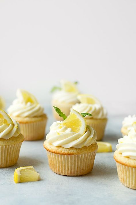 Batch of Lemon Cupcakes with Lemon Cream Cheese Frosting Lemon Cupcake Aesthetic, Lemon Decorated Cupcakes, Lemon Cake Cups, Lemon Wedding Cupcakes, Lemon Dessert Ideas, Lemon Cupcake Decorating Ideas, Lemon Party Ideas, Cute Birthday Cupcakes, Simple Cupcakes