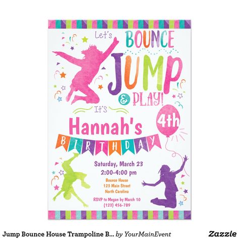 Jump Bounce House Trampoline Birthday Invitation Trampoline Party Invitations, Party Bounce House, Trampoline Birthday Invitations, Jump Party Invitations, Double Birthday Parties, Trampoline Party, Jump Party, Free Thank You Cards, Trampolines