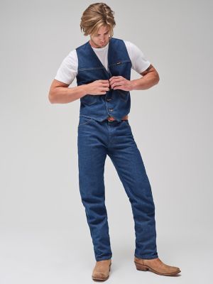 TOP OFF A DRESSIER LOOK WITH OUR TRADITIONAL WESTERN VEST. For dressier occasions, have this Western staple in your closet. With traditional Western styling, our denim vest features front pockets with 'W' stitching. With buttons, not snaps. Brody Grant, Western Outfit Men, Jean Vest Outfits, Men Vest Outfits, Denim Vest Outfit, Denim Vest Men, Vest Outfits Men, Rodeo Chic, Face References