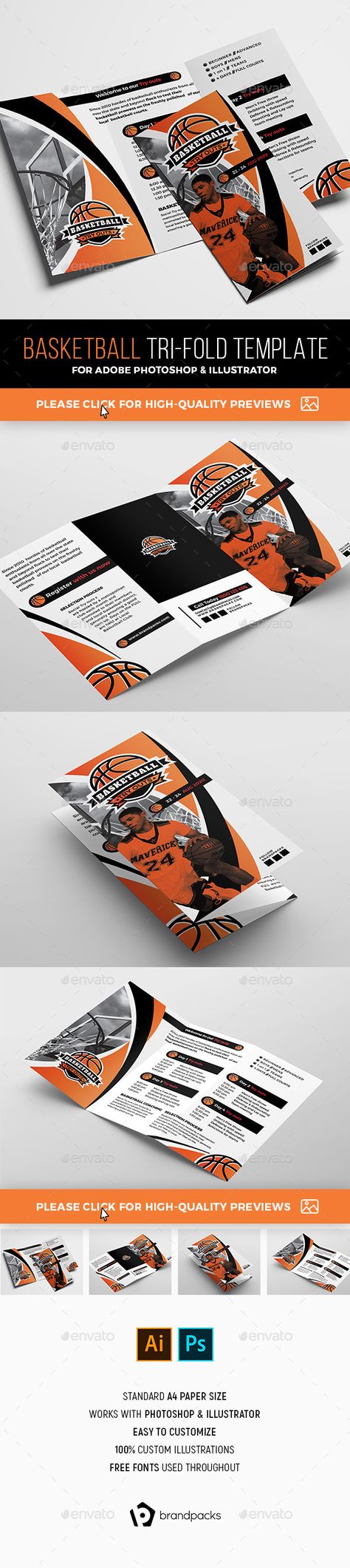 Basketball Tri-Fold Brochure Template. Professional sports flyer template. #flyer #design #printDesign #sport #print #3Fold #3Panel #ai #basketball #BasketballGame #BasketballTeam #brandpacks #CollegeBasketball #folding #illustrator #march #MarchMadness #nba #photoshop #psd #SchoolBasketball #sports #SportsTemplates #ThreeFold #ThreePanel #TriFold #TriFoldBrochureTemplate #vector Brochure Design Layouts, Brochure Inspiration, Sports Templates, Corporate Brochure Design, Travel Brochure Template, Brochure Template Psd, School Basketball, Leaflet Design, Fold Brochure