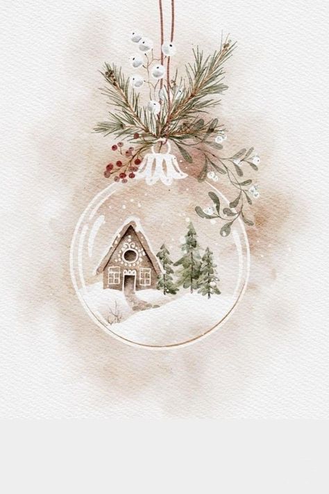 Christmas Aesthetic Artwork, Ornament Painting Ideas Canvases, Christmas Card Wallpaper, Christmas Aesthetic Card Ideas, Winter Drawing Aesthetic, Watercolor Christmas Illustration, Christmas Postcard Watercolor, Christmas Watercolor Ornaments, Winter Aesthetic Painting