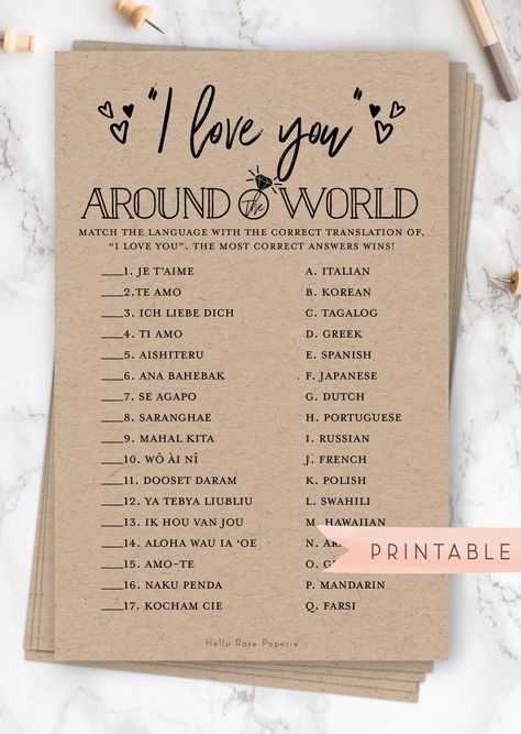 I Love You Around the World Language Game . Printable Bridal Wedding Shower . Bachelorette Hen Party . Rustic Kraft + Black White . Download Western Bridal Shower Games, Travel Theme Bridal Shower Ideas, Honeymoon Shower, Travel Theme Bridal Shower, Travel Bridal Showers, Travel Themed Wedding, World Language, Bridal Shower Activities, Bridal Theme