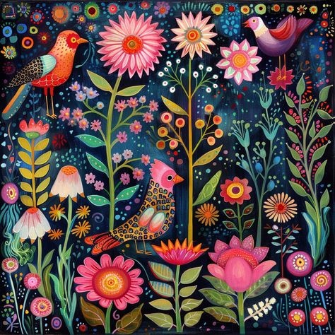 Fairytale Folk Art, Whimsical Birds Art, Scandinavian Folk Art Bird, Whimsical Patterns Design, Forest Folk Art, Animal Folk Art, Folk Art Color Palette, Scandinavian Folk Art Patterns, Flower Folk Art