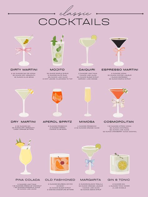 Girly Classic Cocktail Recipe Poster with Bows 21st Birthday Party Drinks, Girly Cocktail Recipes, Cocktail Birthday Party Ideas, Cocktail Recipes Poster, Brunch Birthday Party Ideas, Girly Cocktails, Cocktail Board, Cute Cocktails, Aesthetic Cocktails