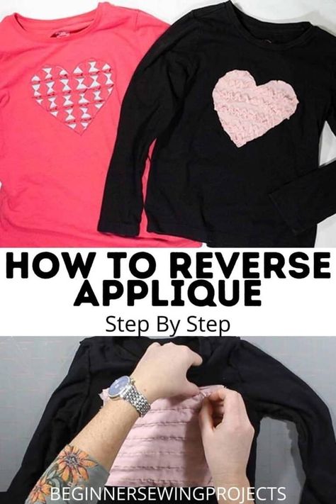 Make something fun and new! Today we are going to show you How To Reverse Applique Step By Step! Reverse Applique is when you sew two pieces of fabric together while making a shape. This is a fun project and I think it turned out great. I'll show you a couple different ways to do it, so pick the one that works best for you. Easy sewing projects. Tips. How To Reverse Applique Step By Step Decorated Sweatshirts Ideas, Sweatshirt Applique Diy Ideas, Reverse Applique Sweatshirt Diy, Applique Patterns Printable, Reverse Applique Designs, Reverse Applique Tutorial, Beginner Sewing Projects, Sewing Top, Applique Sweatshirt