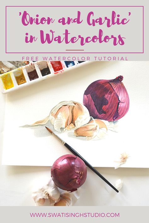 Learn how to paint realistic looking ONION AND GARLIC in watercolors with this easy step-by-step tutorial. I loved painting the various shades of purplish reds in onion and feel that I am pleased with the final result. I hope you will enjoy painting it too! Have fun painting :) #watercolors #onion #tutorial #learn #easy Watercolor Veggies, Onion Drawing, Watercolor Vegetables, Paint Realistic, Vegetable Painting, Cadmium Yellow, Learn Watercolor Painting, 2b Pencil, Watercolor Blog