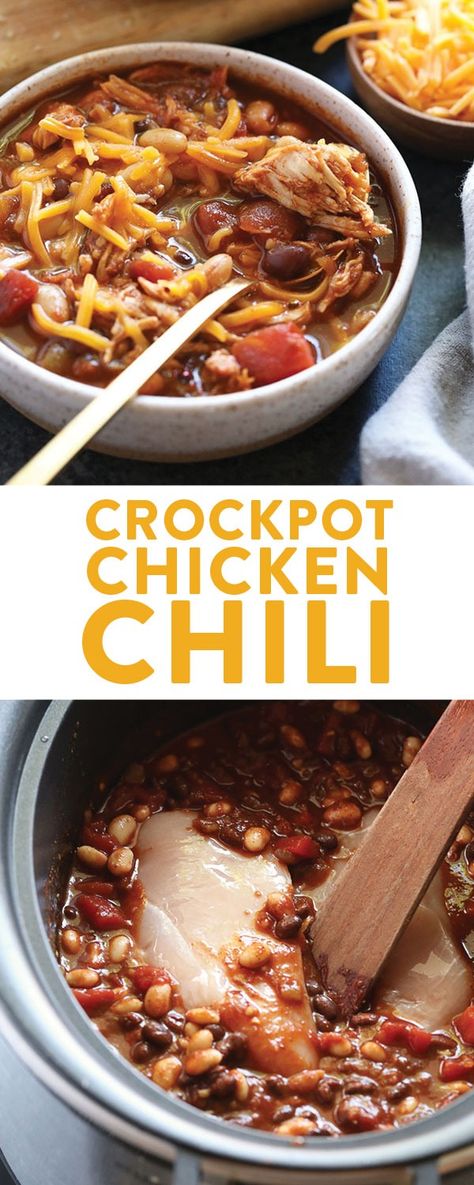 Crockpot Chicken Chili (gluten free!) - Fit Foodie Finds Chili Gluten Free, Crockpot Chicken Chili, Easy Chicken Chili, Chicken Chili Crockpot, Crockpot Chili, Slow Cooked Meals, Healthy Slow Cooker, Slow Cooker Recipes Healthy, Protein Recipes