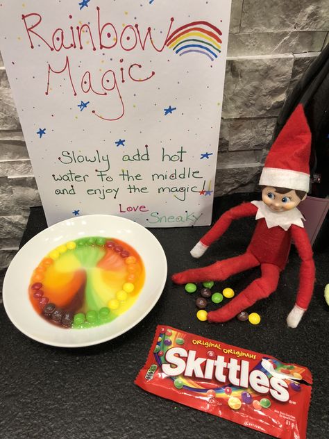 Elf on the Shelf- Rainbow magic with Skittles Elf On A Shelf Rainbow Skittles, Skittle Elf On The Shelf, Elf Ideas With Skittles, Elf On The Shelf With M&ms, Elf On Shelf Skittles Magic, Elf On The Shelf Skittles Rainbow, Elf On The Shelf Ideas Skittles, Elf On The Shelf Rainbow, Skittles Elf On The Shelf