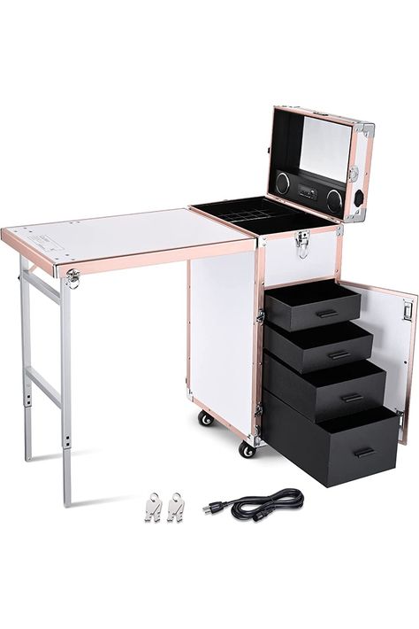 BYOOTIQUE Foldable Rolling Manicure Table Nail Desk Makeup Train Case Cosmetic Trolley Travel Storage Organizer Nail Tables with 4 Drawers Mirror &amp; Speaker for Technician Workstation Salon, Rose Gold Nail Setup, Nail Tables, Nails Boho, Desk Makeup, Nail Desk, Alex Drawer, Table Makeup, Nail Table, Table Foldable