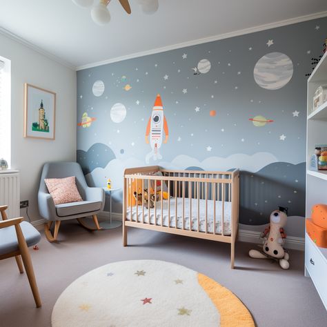 Aspiring space kids Kids Room Space Theme Wallpaper, Nursery Ideas Outer Space, Rocket Ship Nursery Space Theme, Ship Themed Nursery, Space Mural Nursery, Planet Themed Nursery, Nursery Room Space Theme, Nursery Ideas Space Theme, Space Theme Toddler Room