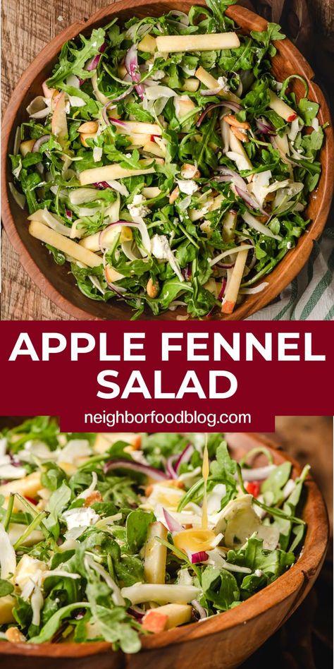 Bring crisp, bright, and tangy flavors to your Thanksgiving table with this Apple Fennel Salad. Tossed with arugula, mixed greens, goat cheese, almonds, and a mustard vinaigrette, this Fennel and Apple Salad is the perfect side dish for Thanksgiving and all your other holiday gatherings. This fall salad recipe is bursting with flavor and satisfying crunch! Apple Fennel Salad, Salad With Mustard Dressing, Fennel And Apple Salad, Side Dish For Thanksgiving, Roasted Carrots And Parsnips, Sleeve Recipes, Salad With Goat Cheese, Autumn Salad Recipes, Thanksgiving Side Dishes Easy