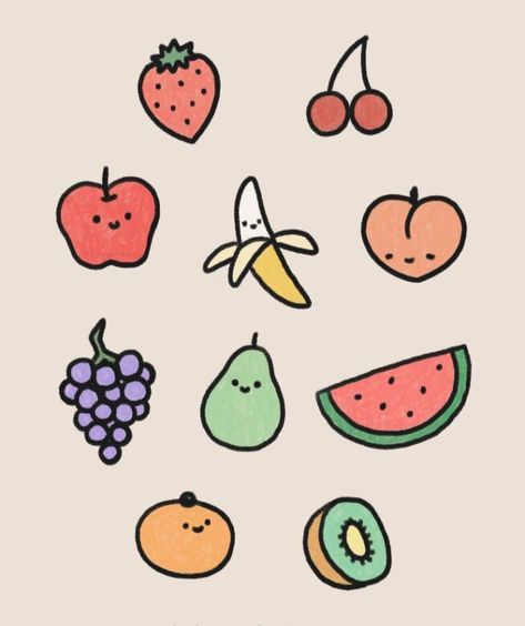 Fruits Doodle, Easy Fruit Drawing, Easy Heart Drawings, Fruit Doodle, Fruit Art Drawings, Cute Designs To Draw, Cute Easy Doodles, Fruit Cartoon, Mini Doodle