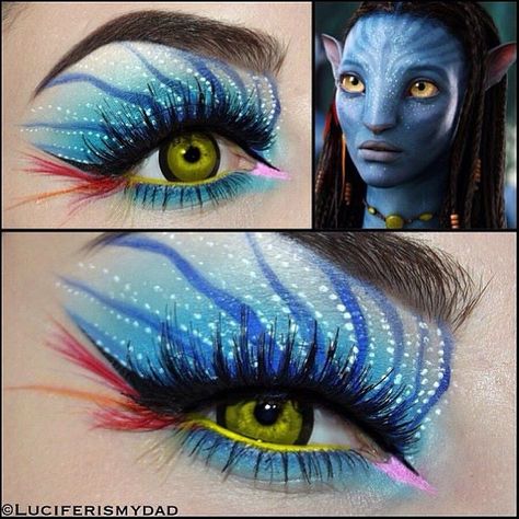 INCREDIBLE Makeup Inspired look of Neyteri from Avatar by the talented @luciferismydad Avatar Makeup, Disney Eyes, Party Make-up, Movie Makeup, Makeup Inspired, Crazy Eyes, Green Eye, Fairy Makeup, Inspired Makeup