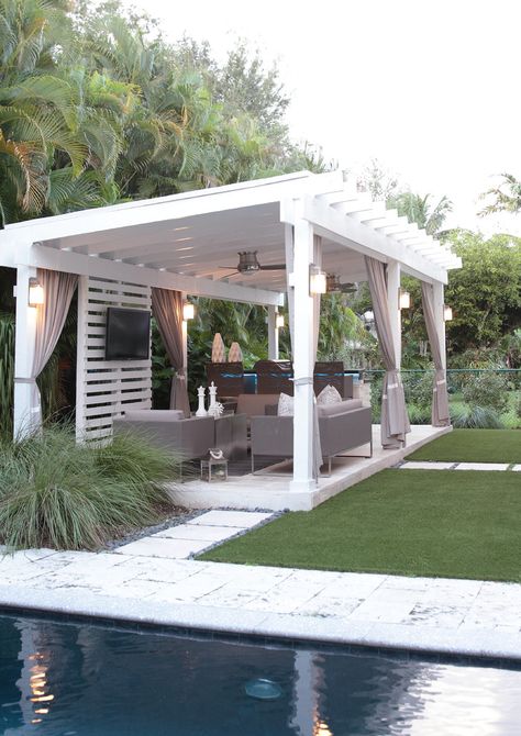 Simple Pool Pavilion Ideas, Pergola Patio White, Rectangular Gazebo Ideas, Detached Backyard Patio, Detached Pergola Patio Backyards, White Gazebo Ideas Backyard, Farmhouse Carport, Backyard Gazebo Outdoor Pavilion, Detached Pergola Patio