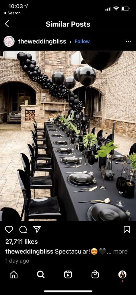 Black Birthday Table Decor, Black Silver Birthday Decor, Dinner Party Table Settings, Moms 50th Birthday, Birthday Table Decorations, Black Dinner, Dinner Party Table, Party Table Settings, Birthday Shoot