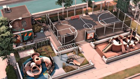 Sims 4 Cc Trashy Furniture, The Sims 4 Community Builds, Sims 4 Commercial Builds, Sims 4 Newcrest Save File, No Cc Builds Sims 4, Sims Park Ideas, Sims 4 Lot No Cc, Sims 4 Community Garden, Park Sims 4 Cc