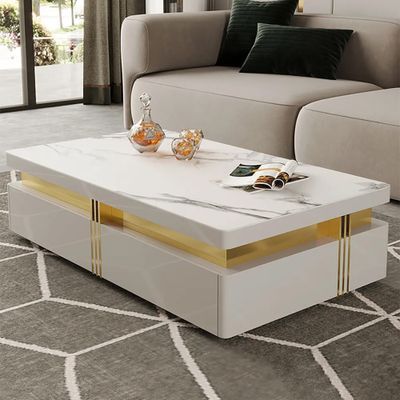 Modern Wood Coffee Table with Storage in White Center Table with Stainless Steel Base Unique Coffee Table Design, Centre Table Living Room, Centre Table Design, Meja Sofa, Sofa Table Design, Tea Table Design, Modern Wood Coffee Table, Coffee Table Design Modern, Center Table Living Room